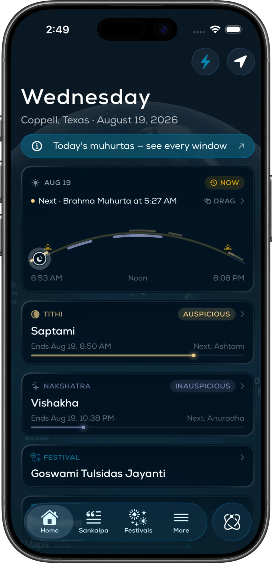 The MyPanchang home screen showing the day arc, Saptami tithi and Vishakha nakshatra